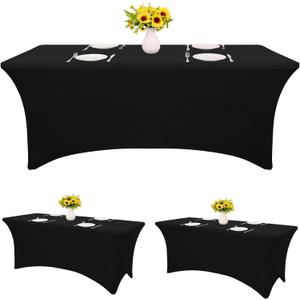 3 Pack Table Cloth 6ft Black Tablecloths for Rectangle Folding Table Spandex Fitted Stretch Table Cover Wrinkle Resistant Washable Table Protector for Party, Wedding, Banquet, Festival.