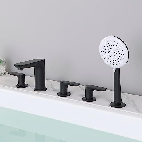 5 Hole Roman Tub Faucet with Hand Shower, Black Deck Mount Tub Filler, Bath Tub Faucet with Handheld Sprayer, 3 Handle Bathtub Faucet Set, Bathroom 5 Piece Brass Tub Faucet with Valve - Huifeidezhu