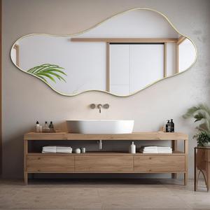 Large Irregular Mirror, 63"x29.2" Asymmetrical Mirrors Full Length, Abstract Wall Mirror Decorative, Waved Shaped Mirrors for Living Room Dressing Bathroom Bedroom Hallway Entryway (Gold Wavy)