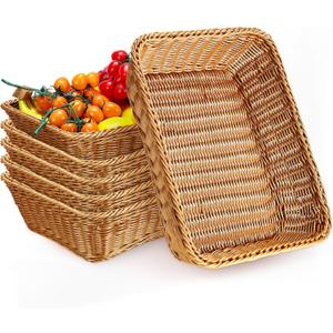 Eccliy 6 Pack Poly Wicker Bread Baskets 19 Inch Imitation Rattan Serving Trays for Bread Snacks Fruit Vegetables Tabletop Display Basket for Kitchen Restaurant Home Hotel