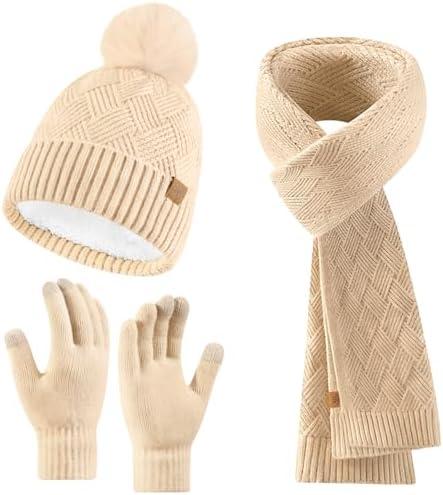Leuceiy Winter Hats Scarf Gloves for women men,Winter Clothes Knitted Fleece Lined Beanie Thermal Gloves Long Scarf