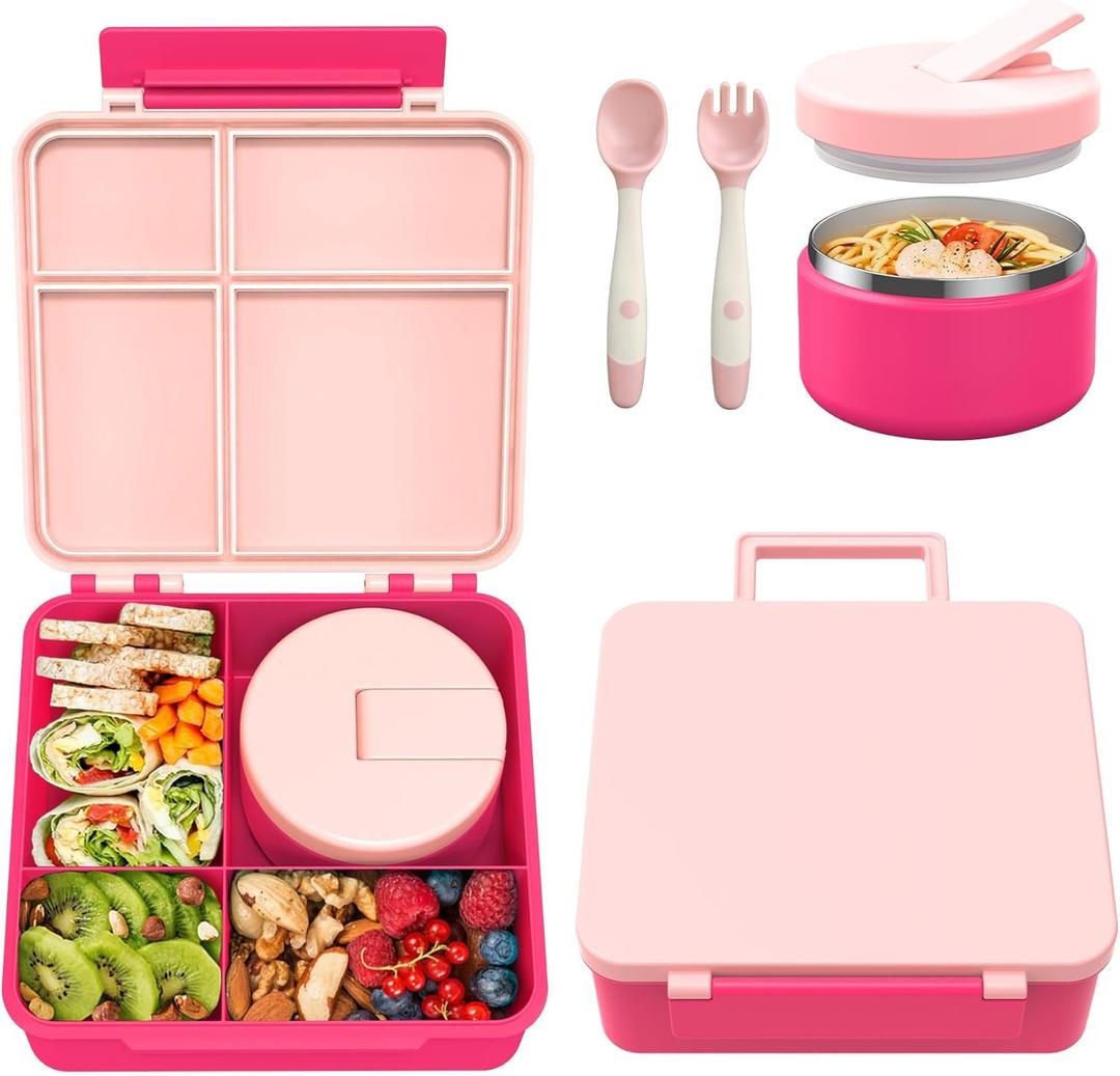 Pawtong Bento Lunch Box with 8oz Soup Thermo, Kids Leakproof Lunch Food Containers with 4 Compartment, Kids Thermo Insulated Hot Food Jar for School, Trvael - (Pink)