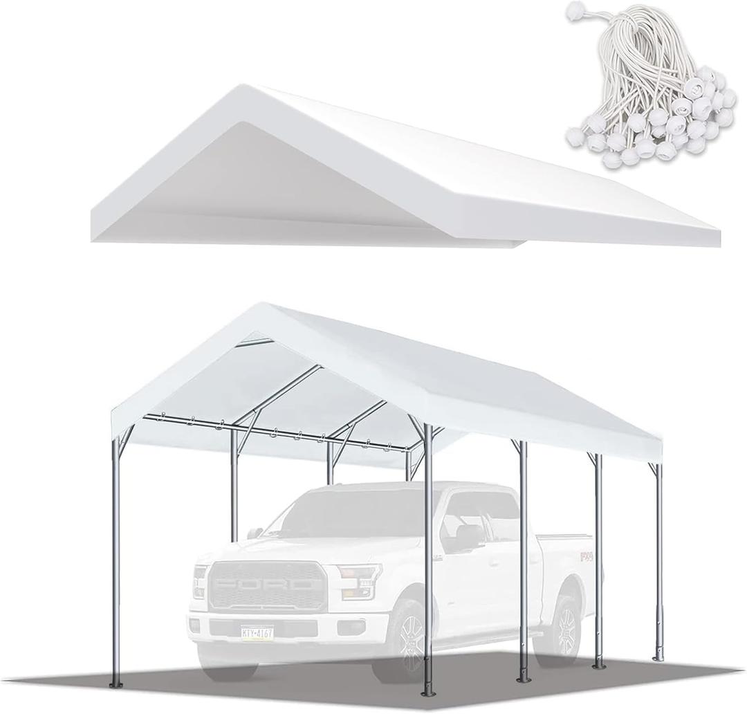 10'x20' Upgraded Carport Replacement Top Canopy Cover for Car Garage Shelter Tent Party Tent with Ball Bungees White (Only Top Cover, Frame is not Included)