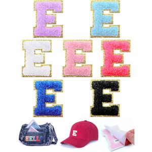 7 Pcs Chenille Letter Patches Self Adhesive Iron On Letters for Backpacks, 2.17 Inch Glitter Letter Stickers Preppy Varsity Letter Patches for Clothing Jackets Hat Laptop (E)