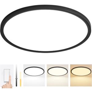24 Inch Dimmable LED Ceiling Light Fixture, Ultra Thin Flush Mount, 48W 4800Lumen, 3 Color Changeable, Round, Black, for Dining Room, Living Room, Bedroom, Office, Hotel