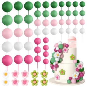 Bouiexye 61 Pcs Boho Cake Topper Balls Decorations Mini Balloon Cake Topper Retro Hippie Daisy Flower Acrylic Cake Topper for Birthday Party Wedding Rainbow Baby Shower (Pink Green)