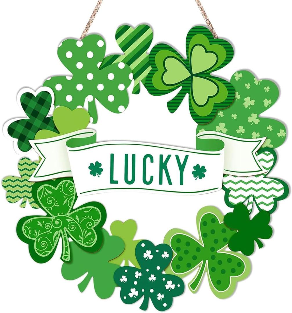 St Patricks Day Door Sign, Wooden Shamrock Door Wreath for Front Door Sign Wall Signs, St. Patricks Day Decorations, Hanging Wreath for Home Wall Farmhouse Indoor Outdoor Decor Party Supplies (Lucky)