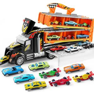 JOYIN Toy Truck for Kids, Race Toy Cars, 60" Extra Long Race Track and 12 Die-Cast Metal Cars, Toddler Carrier Truck with Lights & Sounds, Christmas Birthday Gifts for 2 3 4 5 6 7 Years Old Grandkids (Black Orange)