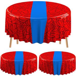Preboun 3 Pcs Spider Birthday Party Tablecloth 84 Inch Plastic Disposable Table Cover Large Red and Blue Round Tablecloth for Birthday Party Decorations Supplies (Classic), 83.86"L x 83.86"W