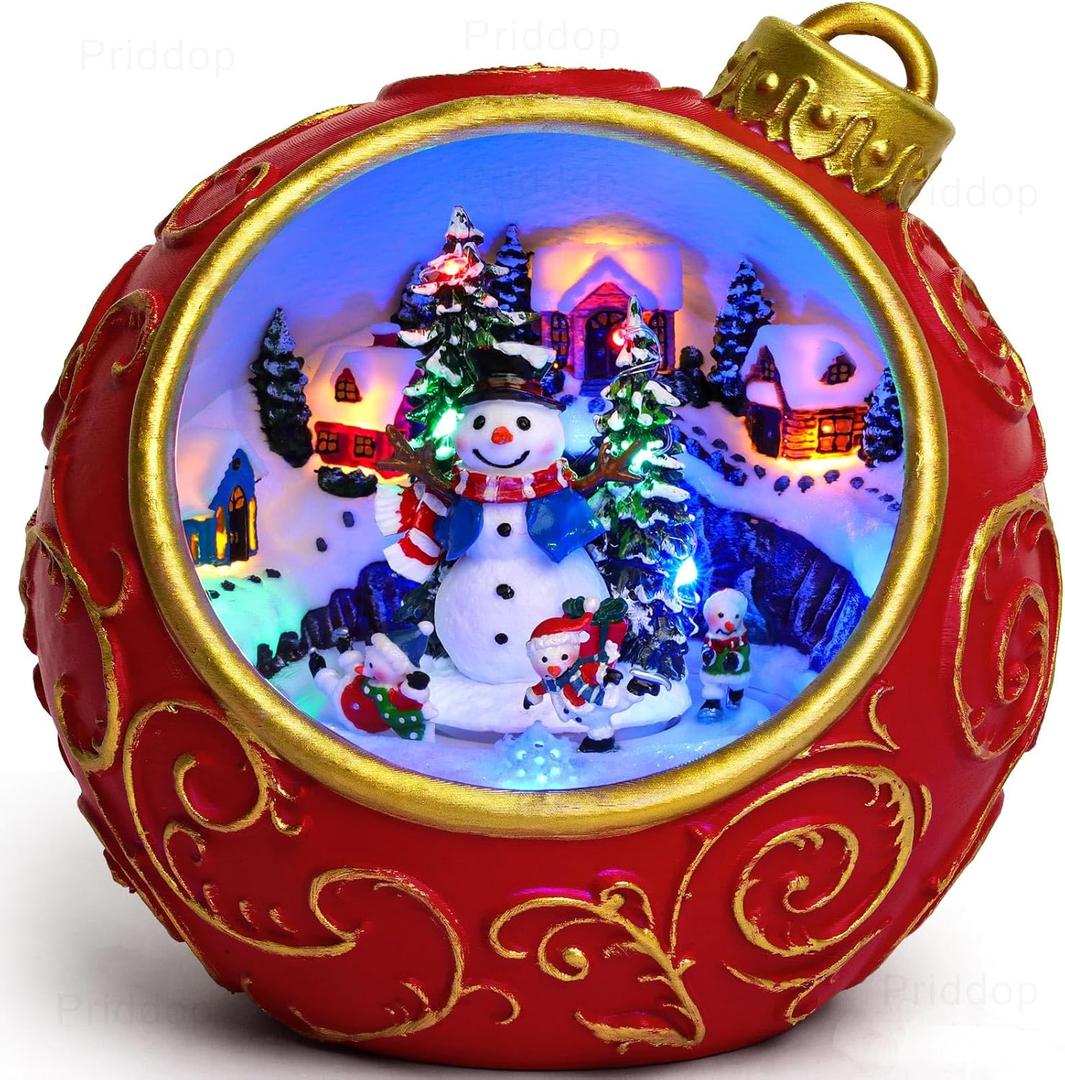 Christmas Village Scene Animated Rotating Snowman LED Lights Christmas Decorations Music with Volume Adjustment USB/Battery Collectible Buildings Figurines Globe Gifts