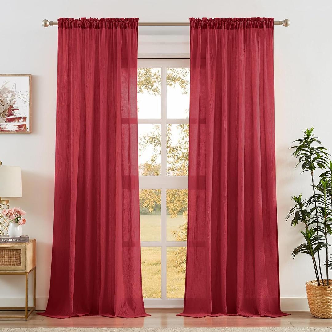 Anpark Red Sheer Curtains 63 Inch Length for Bedroom, Light Filtering Elegant Cotton Textured Linen Semi Sheer Curtains Natural Voile Drapes Rod Pocket for Living Room, W52 x L63 in, 2 Panels