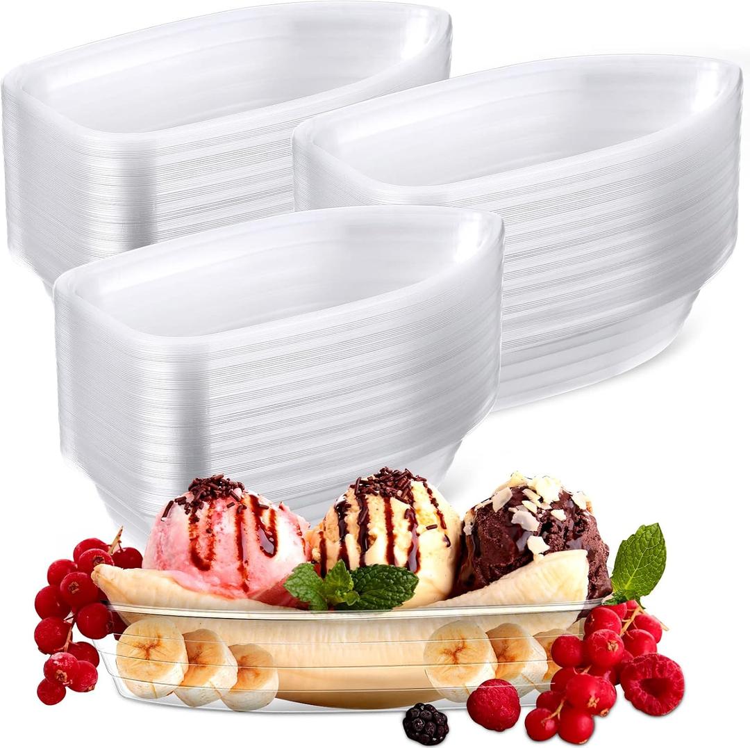 Rtteri 200 Pcs Banana Split Boat Plate 12oz Disposable Ice Cream Sundae Bowls Banana Split Bowls Clear PET Plastic Splits Bowl Tray for Party Dish Dessert Birthday Carnivals Gelato Home