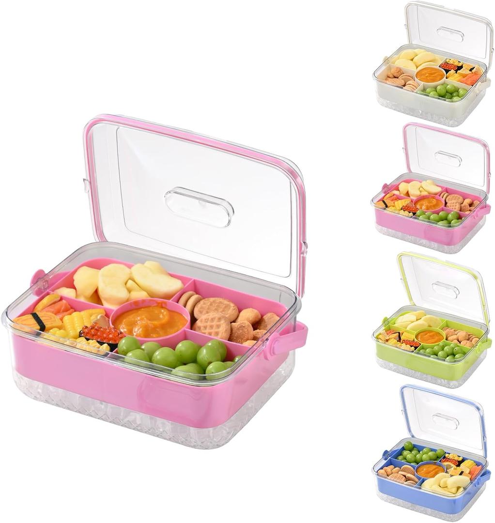 Divided Chilled Serving Tray for Parties,Ice Chilled Party Platter,Ice Serving Bowl with Lid and Handle,Charcuterie Serving Board,Cold Dish Dip for Fruit Seafood Vegetable Shrimp Cocktail Appetizer (Pink)