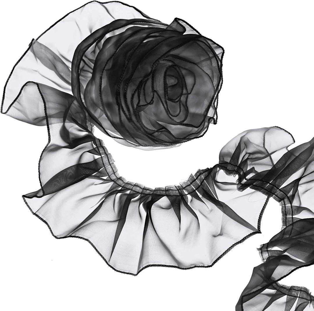 ANCIRS 3 Yards Organza Ruffled Pleated Lace Fabric Trim for Dress Collars Sleeves Halloween Costume Decoration Throw Pillow Decor Appliques Patches & Handmade DIY Sewing- Black
