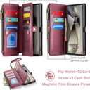 Defencase Compatible with Samsung Galaxy S23 Ultra Case Wallet with RFID Blocking Card Holder for Women, PU Leather Magnetic Snap Flip Zipper Strap Phone Case Fit for Galaxy S23 Ultra 5G, Wine Red