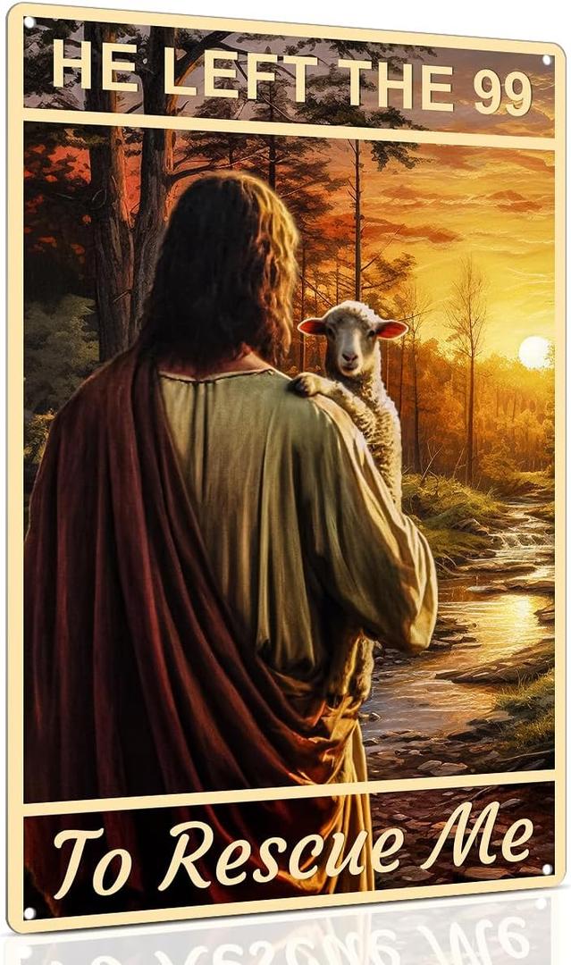3 x ALKB Jesus and Lamb Metal Sign Wall Art Gifts for Christians.He Left The 99 to Rescue Me Sign Print Christian Home,Office,Bedroom Wall Decor 8 x 12 Inch