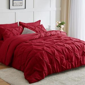 CozyLux Red Comforter Set King - 7 Pieces Bed in a Bag Dark Red, Pintuck Comforters Pinch Pleat Bedding Sets with All Season Comforter, Flat Sheet, Fitted Sheet and Pillowcases & Shams
