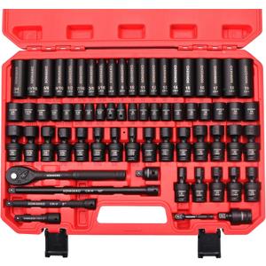 3/8" Drive Impact Socket Set, 67-Piece Standard Metric & SAE 6 Point CR-V Steel Sockets,Includes Extension Bars, 20-Piece Swivel Sockets, Universal Joint, Ratchet Handle and Adapter