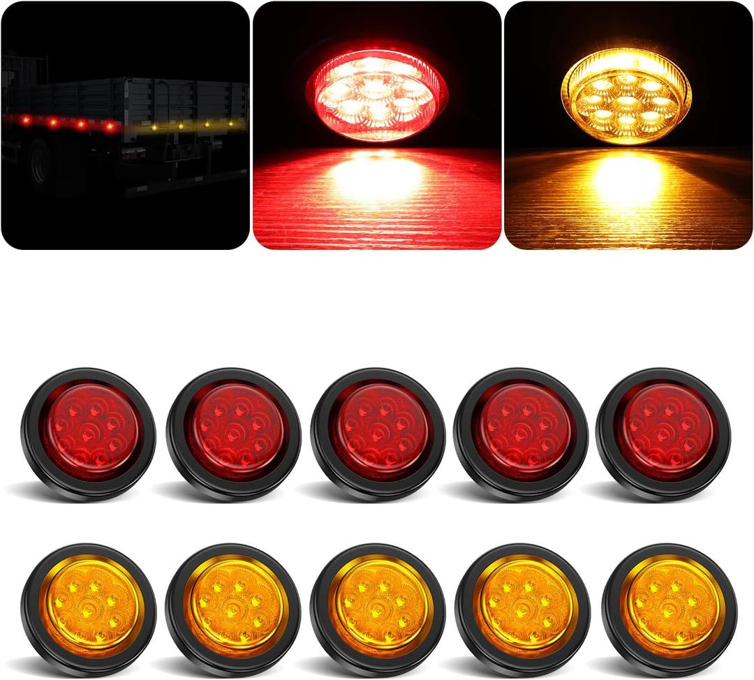 10Pcs 2 Inch LED Trailer Marker Lights, 9 LED 2" Round Clearance Marker Lights with Reflectors for Trailer Truck, RV, Waterproof Sealed, 12V (Amber + Red)