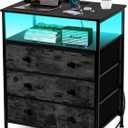 3 Drawers Dresser with Charging Station, 24 Inch Wide LED Night Stand with Adjustable Fabric Drawer, Nightstand with Storage Shelf for Living Room/Bedroom/Office, Black.