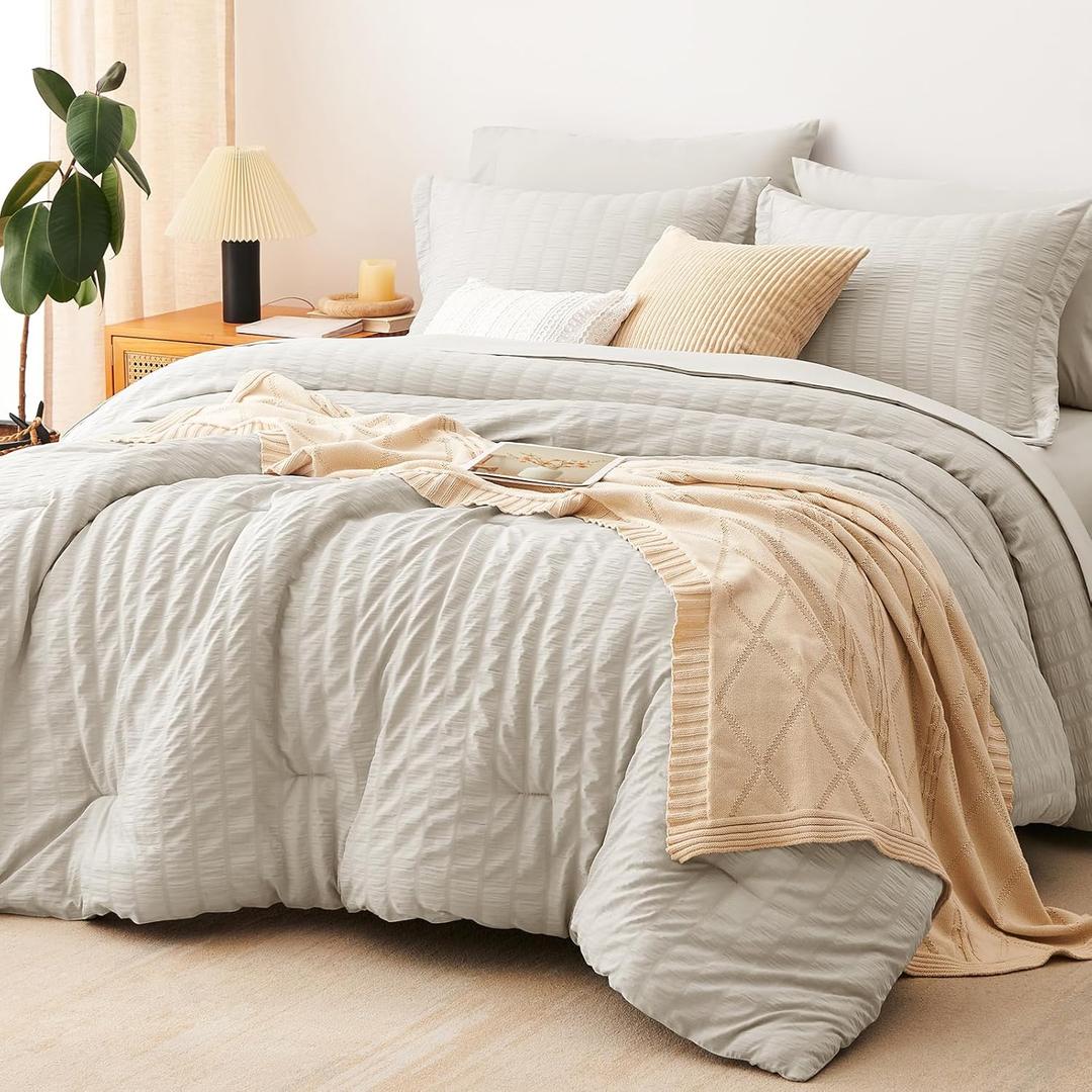 CozyLux Full Size Comforter Sets with Sheets Seersucker 7 Pieces Beige Bed in a Bag Textured Luxury Soft Bedding Set with Down Alternative Comforter, Sheets, Pillowcases & Shams for All Seasons