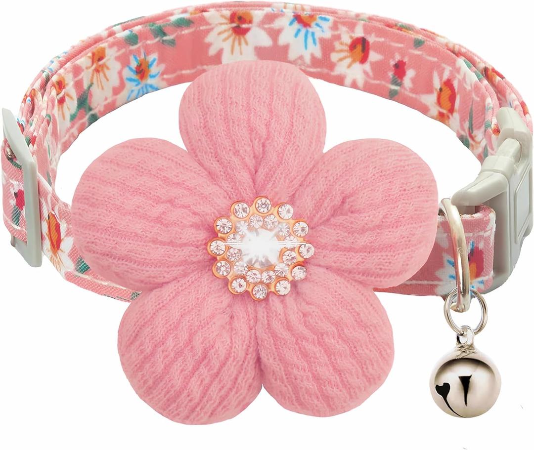 Small Dog Collar with Flower, Spring Dog Collar for Girl Dog Collars for Small Dogs Cute Dog Collar with Bell, Adjustable Length (Pink)