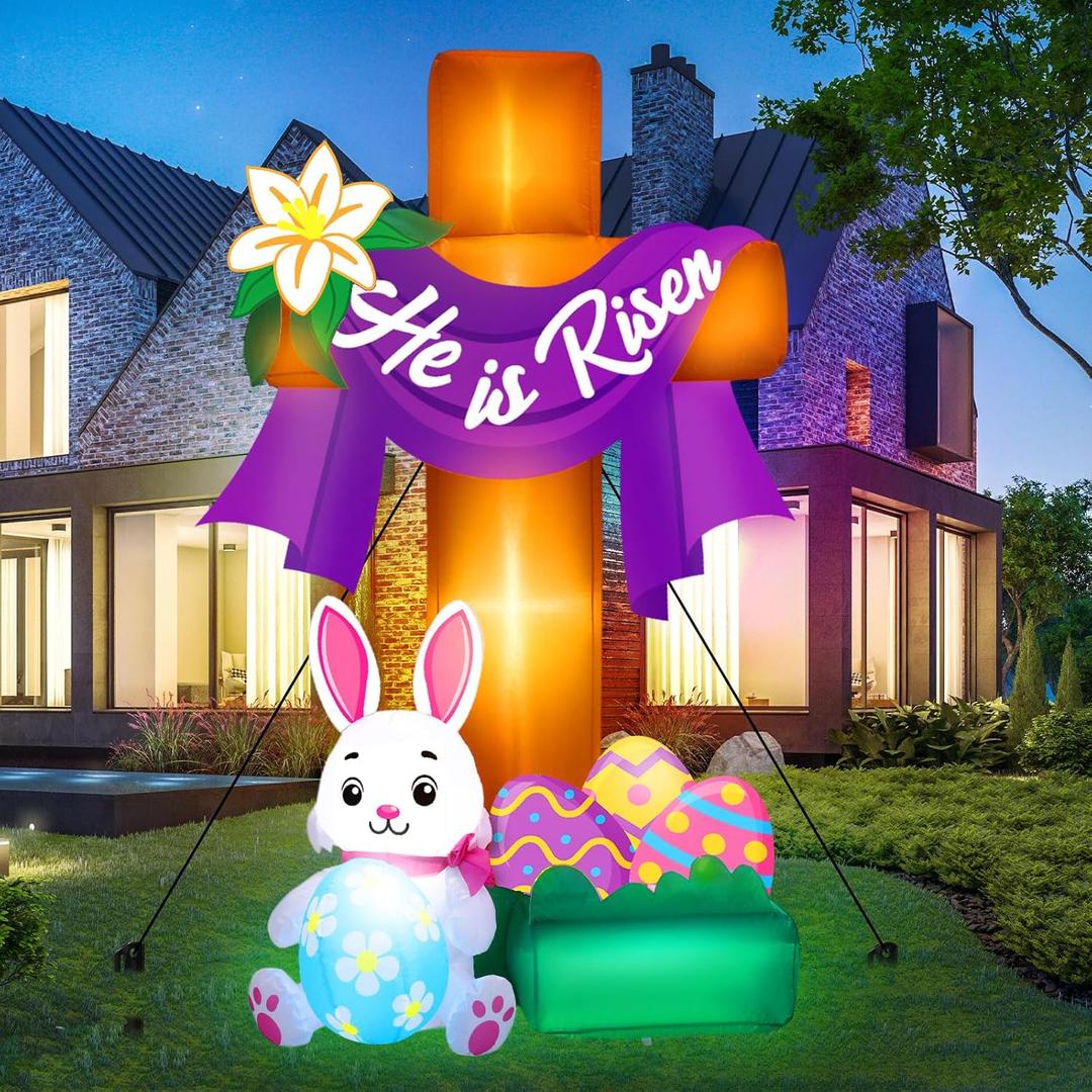 Leyndo 6 Ft/1.8 M Easter Inflatable Cross Outdoor Decoration Blow He is Risen Yard Decorations up with Built-in LED Lights Easter Eggs Bunny Party Decor for Yard Holiday Garden Lawn Indoor Home