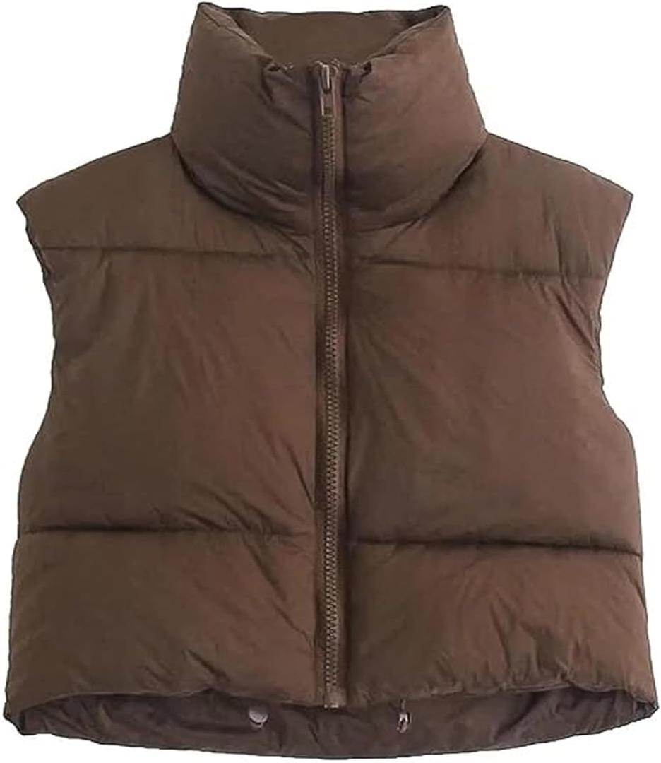 Shiyifa Women's Fashion High Neck Zipper Cropped Puffer Vest Jacket Coat (Brown, XXL)