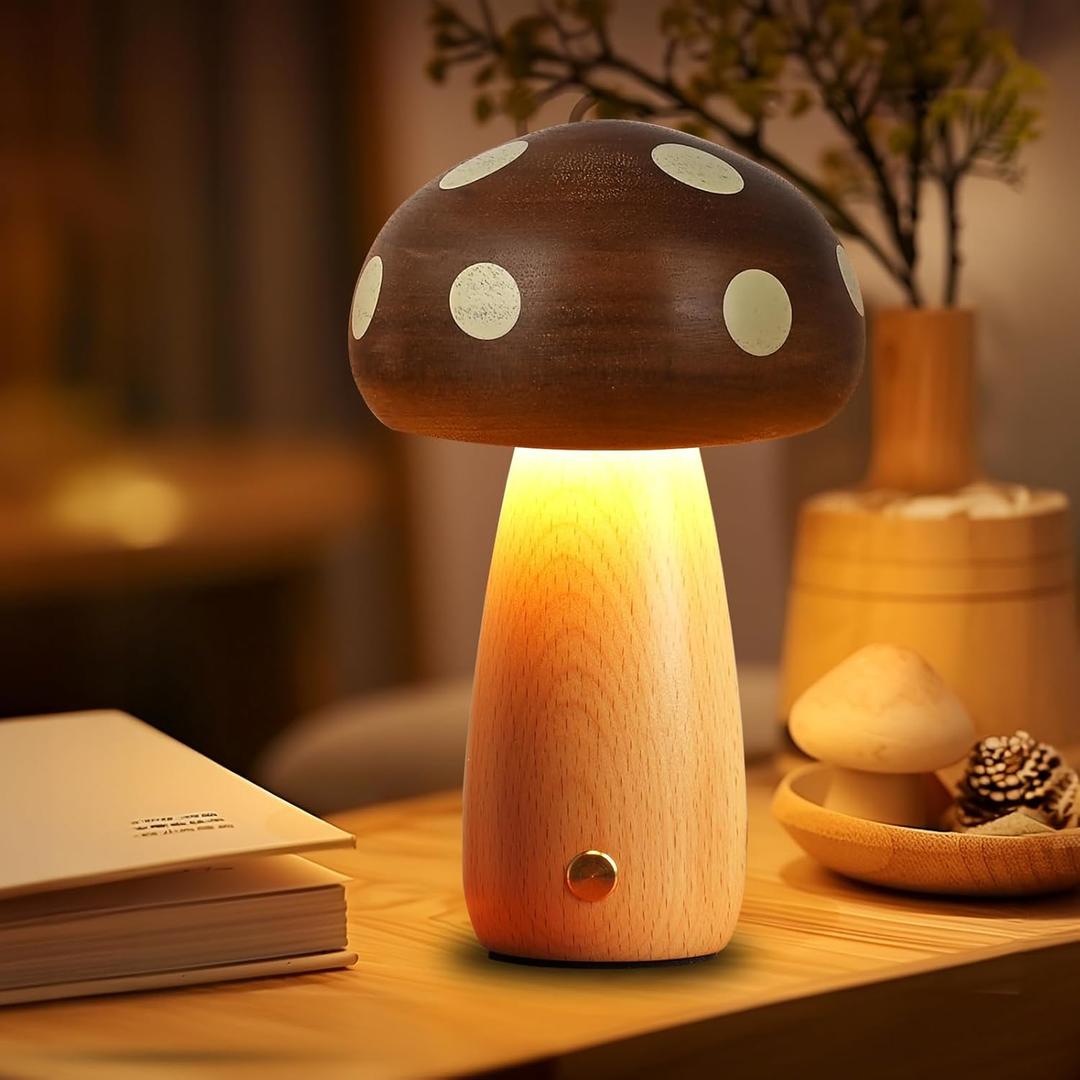 LED Wooden Mushroom Lamp for Bedroom,Portable Cordless Touch Switch Small Rechargeable Battery Operated Lamp,Stepless Dimming, Night Light for Birthday Gifts