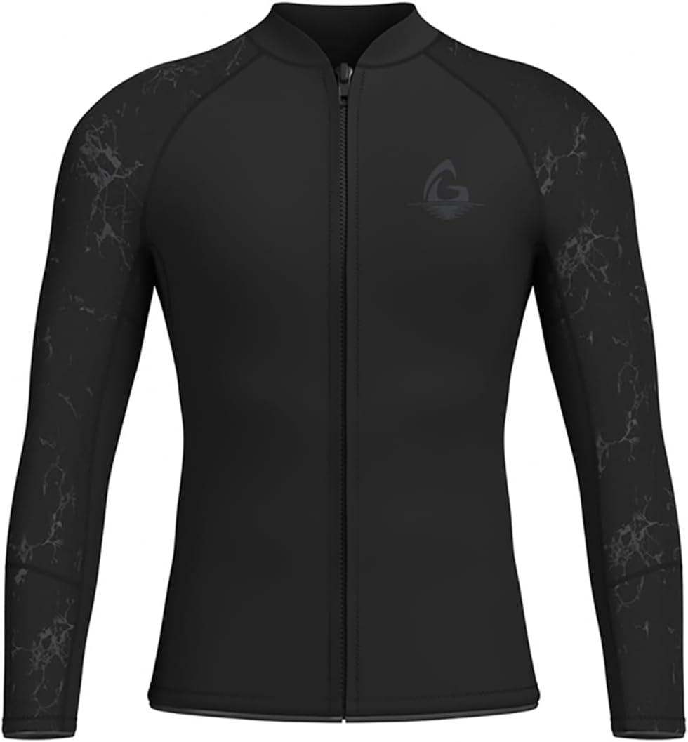 GoldFin Mens Wetsuit Top, 3mm Wetsuits Men Neoprene Jacket Long Sleeve Wet Suits for Water Sports Diving Surfing Kayaking Swimming Black-print, XX-Large