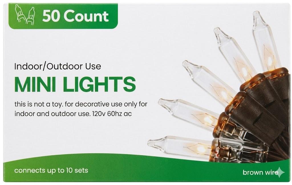 50 Count
Indoor/Outdoor Use
MINI LIGHTS
this is not a toy. for decorative use only for indoor and outdoor use. 120v 60hz ac
connects up to 10 sets
brown wire
