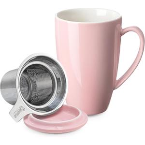 Sweese 15 OZ Porcelain Tea Mug with Infuser and Lid, Loose Leaf Tea Cup, Gifts for Tea Lover, Pink