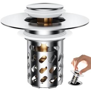 2 Pack Ideandrain Upgraded Bathroom Sink Stopper Drain Strainer for 1.1-1.45 Inch, Brass Bullet Core, All Metal Cover, Pop Up Stainless Steel Drain Filter with Basket Hair Catcher, Cross Bore