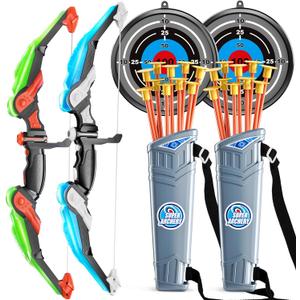 TEMI Bow and Arrow Set for Kids - Archery Toy Set - LED Light Up with Suction Cup Arrows, Target & Quiver, Indoor and Outdoor Toys for Children Boys Girls (Green With Blue)