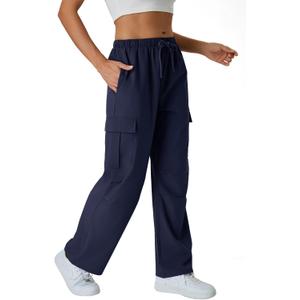 keriffe Women's Cargo Pants Quick Dry Lightweight Water-Resistant Hiking Pants Elastic High Waisted Drawstring 4 Pockets (Navy Blue)