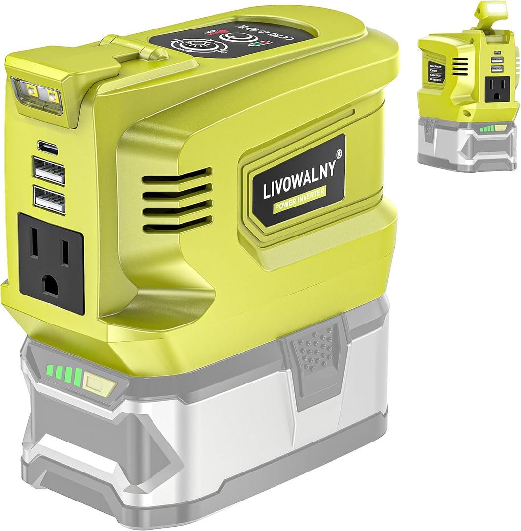 200W Real Power Inverter Compatible with Ryobi 18V, DC 18V to AC 110-120V Battery Inverter, LIVOWALNY Power Station Generator, Charger Adapter Battery Powered Outlet with 2 USB & 1 Type-C & 1 AC