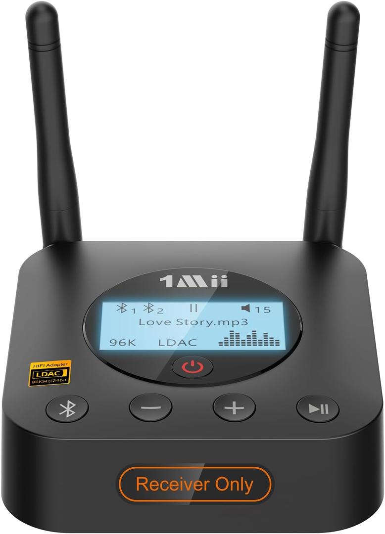 1Mii B06Pro+ Hi-Fi Bluetooth 5.3 Audio Receiver, LDAC Hi-Res Wireless Audio Adapter for Home Stereo w/aptX HD Low Latency, LCD Display, Long Range, Volume Control, 3.5mm AUX Optical Coaxial