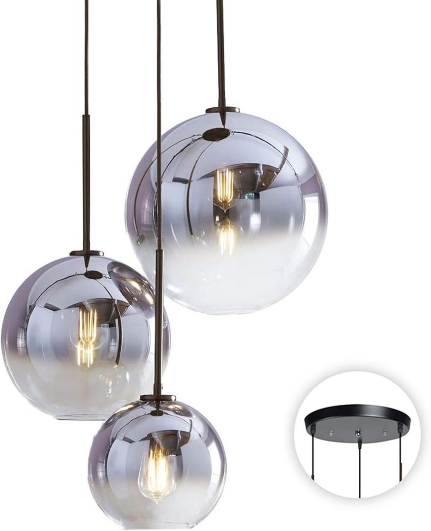 KCO Lighting Modern 3-Light Hanging Light Fixture Silver Gradient Glass Globe Pendant Ceiling Lighting with Adjustable Cord Mid Century Hanging Chandelier Light Fixture for Kitchen Island Bedroom (Sliver-15-20-25)