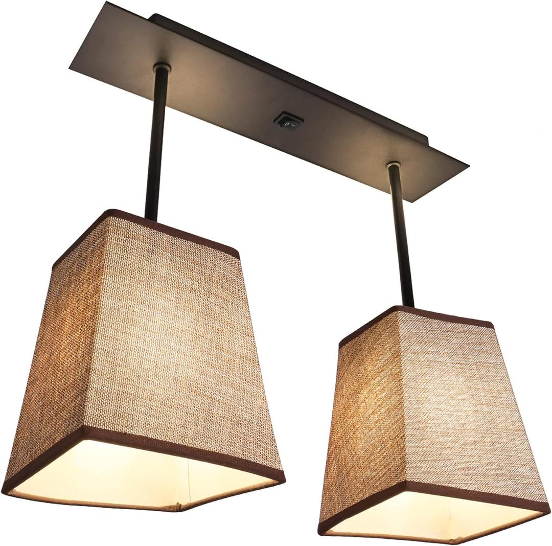 Facon RV Pendent Dining-Room Lamp with 2 Replaceable Bulbs(Included), 12V Interior Light with Switch for RV Motorhome Camper Trailer, Square Brown Fabric Shape