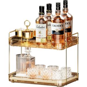 Seoneiro Whiskey Tray, Glass Cup Rack, Mug Holder, Coffee Cup Organizer, Bathroom Countertop Organizer with Drain Board Glass Decorative, Food Tray, Kitchen Spice Rack (Amber-2)