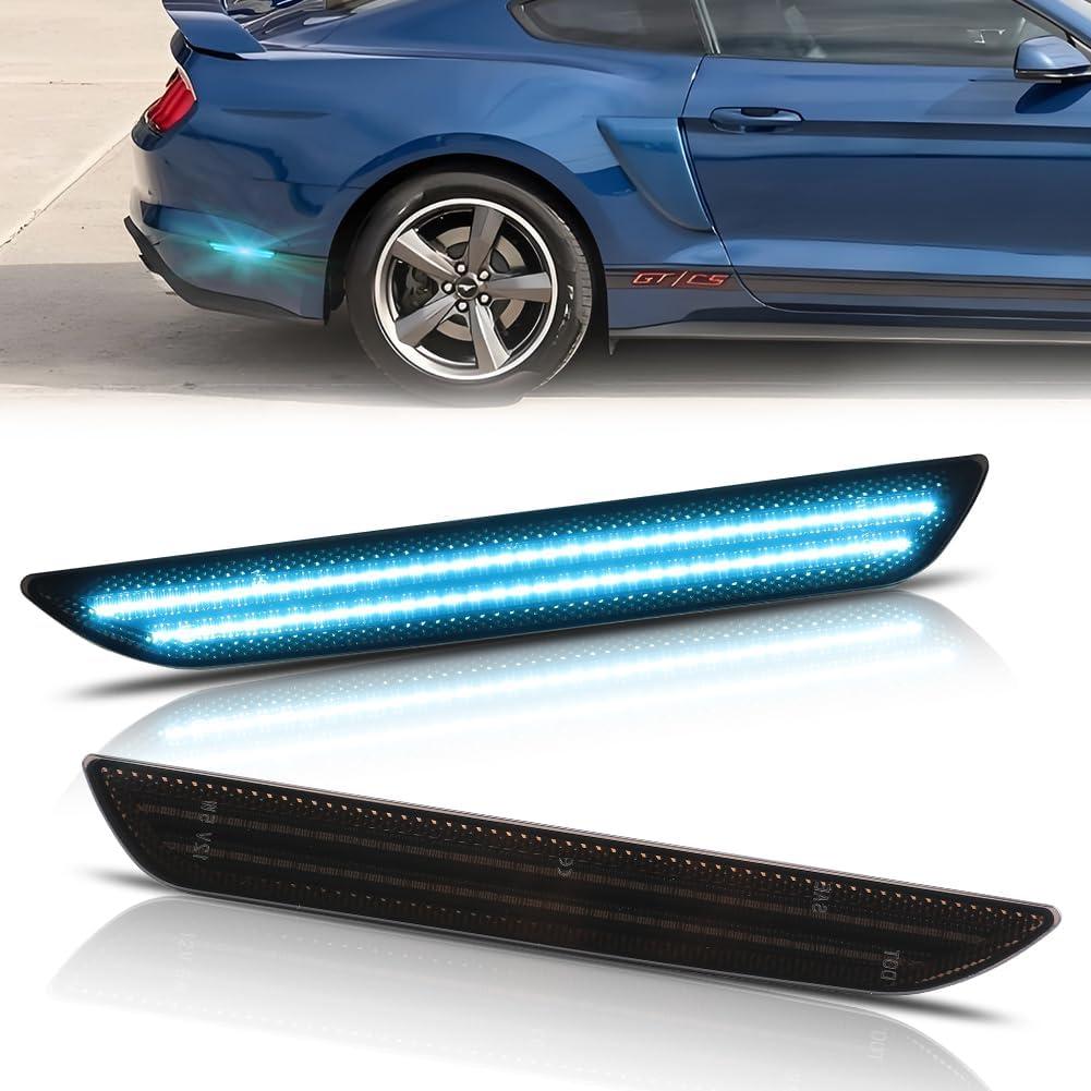 Rear Fender LED Side Marker Lights for Fo-rd Mus-tang GT 2015-2023, Mus-tang Smoked Lens Side Bumper Marker Lamps, [Ultra-Bright] Ice Blue LED Side Markers Turn Signal Lights, 2 PCS