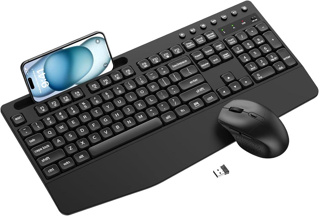 Wireless Keyboard and Mouse Combo with Palm Rest, Phone Holder, Full-Size Quiet Wireless Ergonomic Keyboard and Mouse, Comfortable Natural Typing Compatible for Windows, Laptop, Mac, PC(Black)