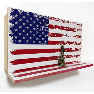 American Flag Compact Gun Shelf with Hidden Storage, Solid Wood & Pine Material, Liberty Enlightening the World Lock Design (Red & Blue)