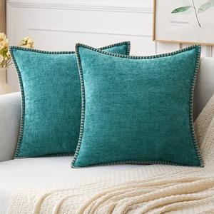 MIULEE Pack of 2 Couch Throw Pillow Covers 20x20 Inch Teal Farmhouse Decorative Pillow Covers with Stitched Edge Soft Chenille Solid Dyed Spring Pillow Covers for Sofa Bed Living Room