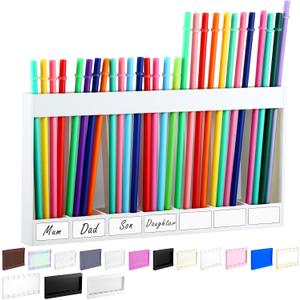 Qinyoung Acrylic Straw Holder for Cabinet Door with Double Sided Adhesive Tape Reusable Straw Organizer Tumbler Storage Kitchen Accessories Container for Counter Cupboard(Classic, Extra Large, White)