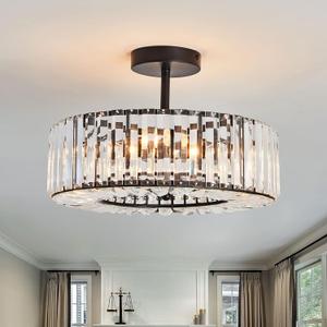 4 Lights Modern Crystal Chandelier Black Round Semi Flush Mount Ceiling Light Fixture Farmhouse Chandelier for Dinning Room Living Room Bedroom Hallway Entryway Kitchen, 14.96 x 10.23 inches