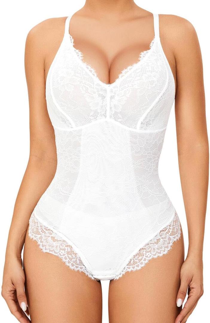 Vorcy Lace Bodysuit for Women Tummy Control Backless Top V-Neck Shapewear Bodysuit (XX-Large, White)