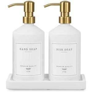 Gold Soap Dispenser Set, Glass Hand and Dish Soap Dispenser Set with Tray, Stainless Pump, 14 Stickers for Kitchen, Bathroom Soap and Lotion Dispenser, Modern Counter Decor (White Bottle/ Gold Pump)