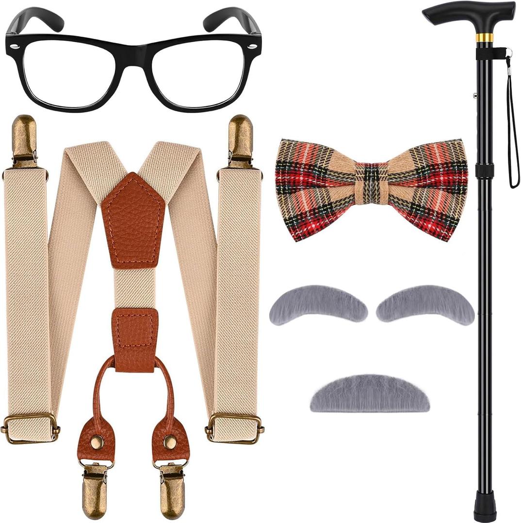 100 Days of School Old Man Costume for Boys Include Glasses Suspenders Bow Tie Crutch Mustache for Grandpa Dress Up