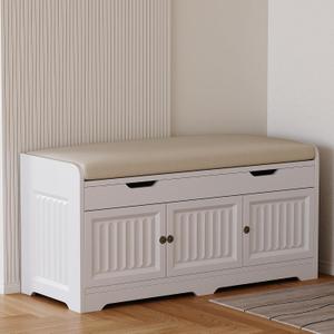 Shoe Bench,Entryway Storage Bench with Lift Top Cushion Seat & Hidden Space, Bedroom End of Bed Bench with 3-Sided Geometric Wavy Fluted for Hallway, Vintage White (39.37*14.96*18.11 Inch)